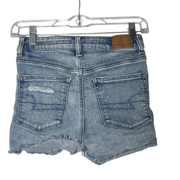 American Eagle Jean Shorts Blue Next Level Stretch Size 0 Rips Button Fly Denim - Picture 2 of 9